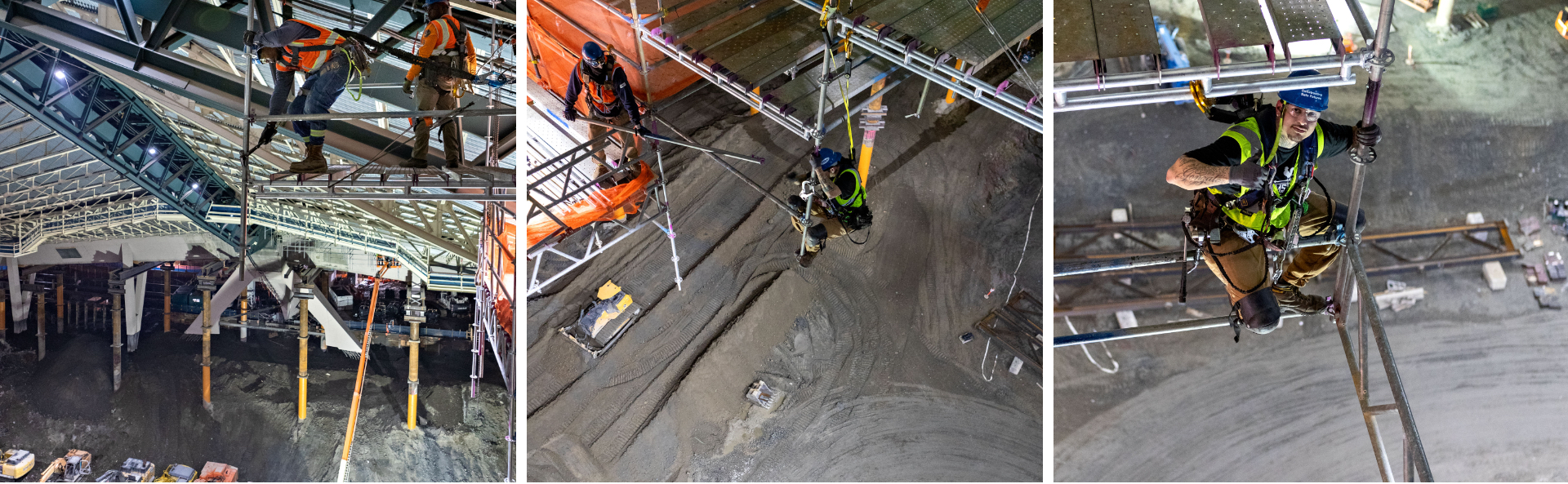 3 images of scaffolding being set up